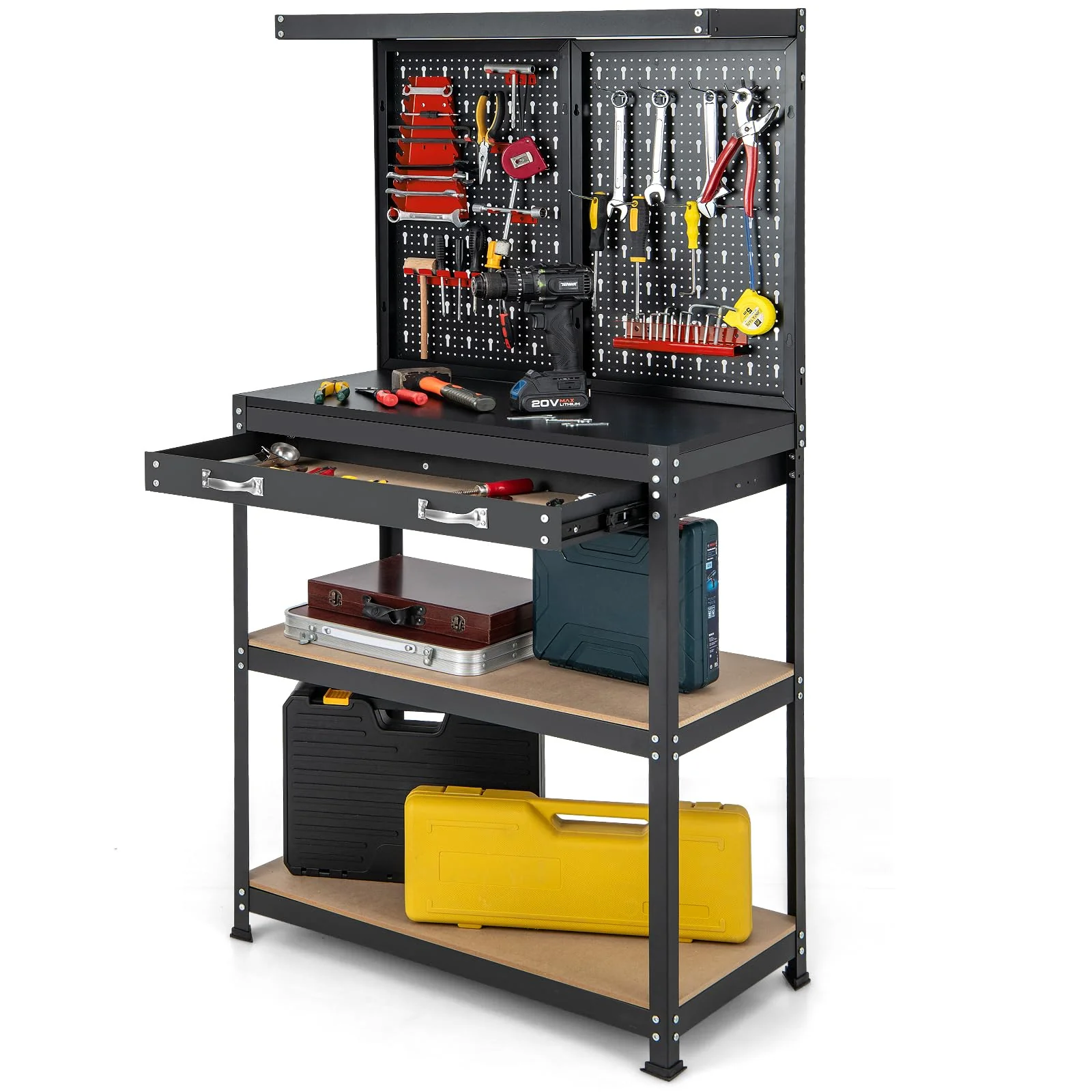 Goplus Workbench with Pegboard, 32" x 16" Multi-use Workbench with 2 Tires of Shelves, Topping Space - Image 11