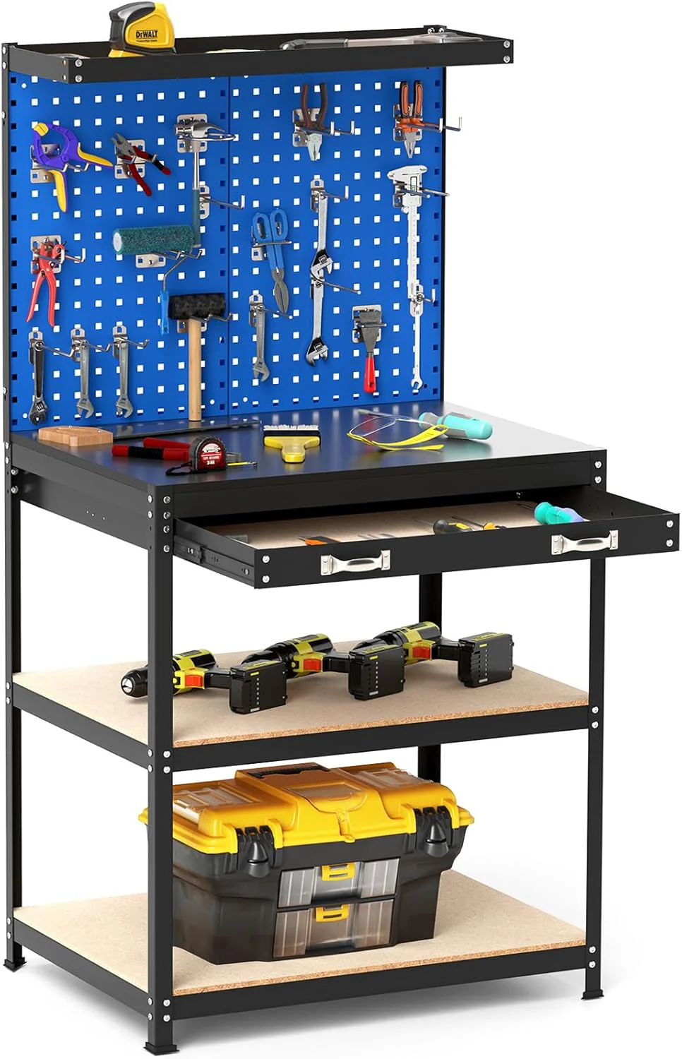 Goplus Workbench with Pegboard, 32" x 16" Multi-use Workbench with 2 Tires of Shelves, Topping Space - Image 12
