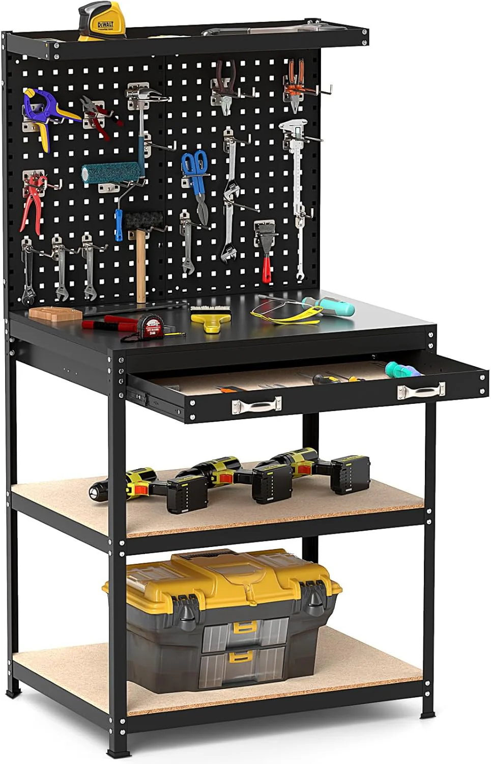 Goplus Workbench with Pegboard, 32" x 16" Multi-use Workbench with 2 Tires of Shelves, Topping Space - Image 13