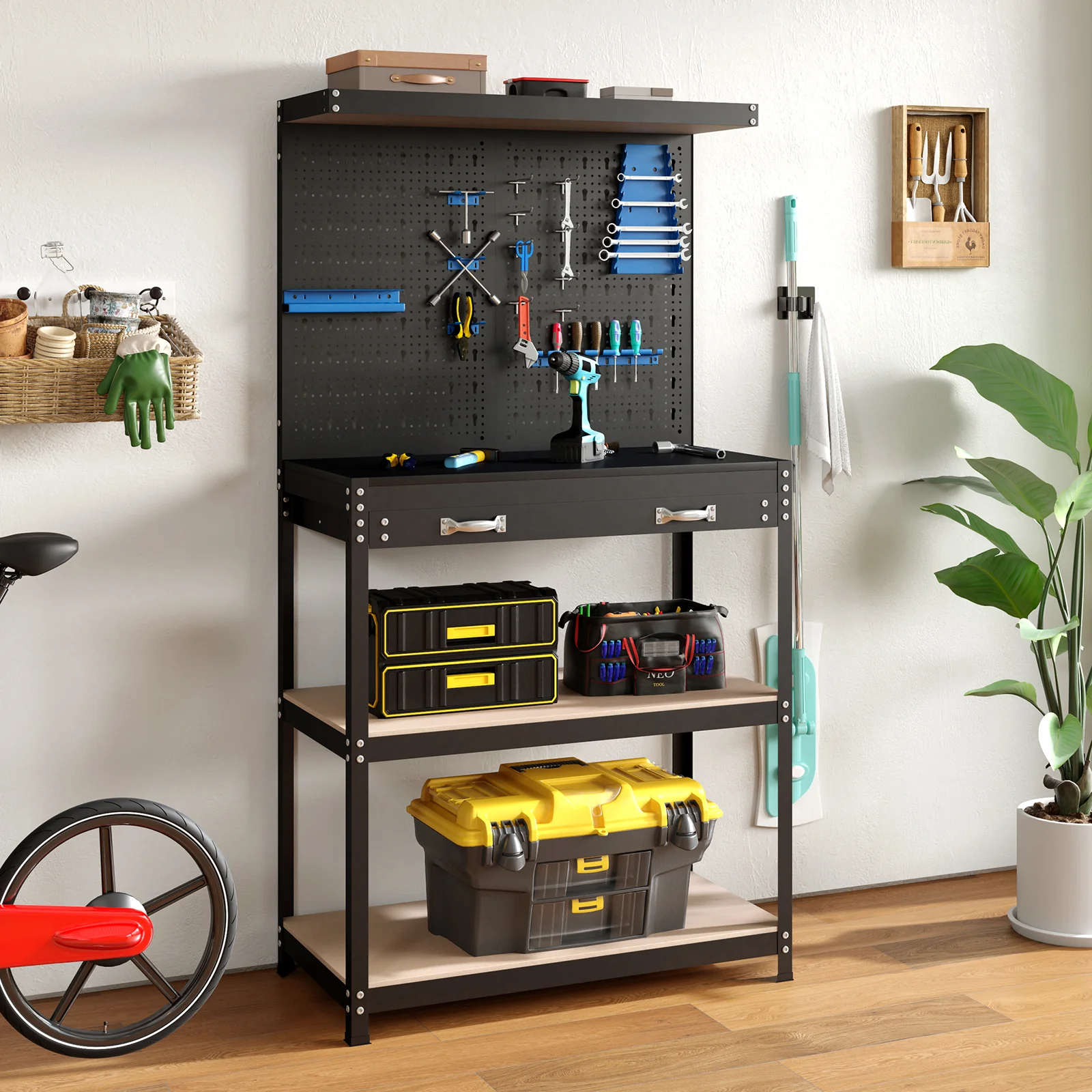 Goplus Workbench with Pegboard, 32" x 16" Multi-use Workbench with 2 Tires of Shelves, Topping Space - Image 3
