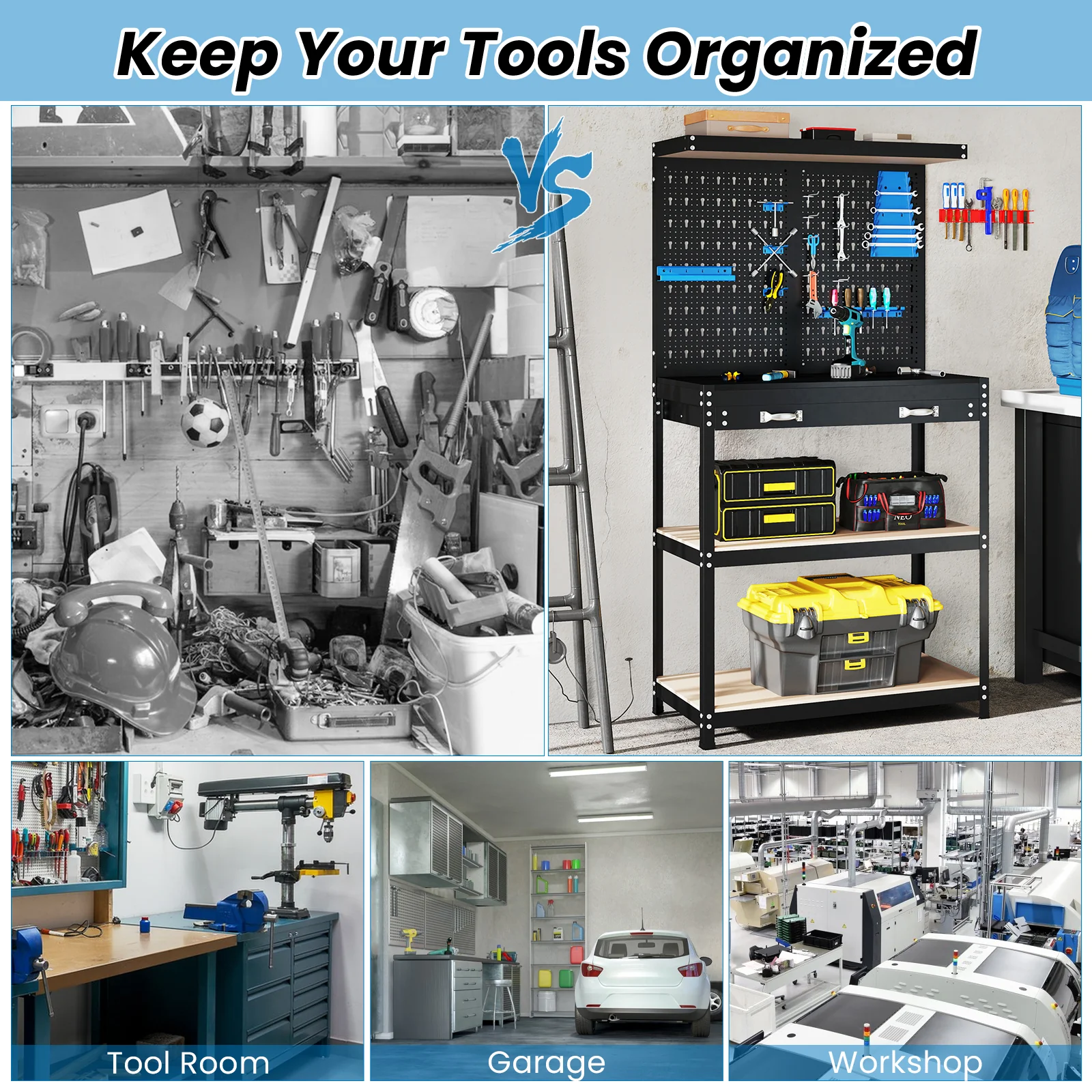 Goplus Workbench with Pegboard, 32" x 16" Multi-use Workbench with 2 Tires of Shelves, Topping Space - Image 7