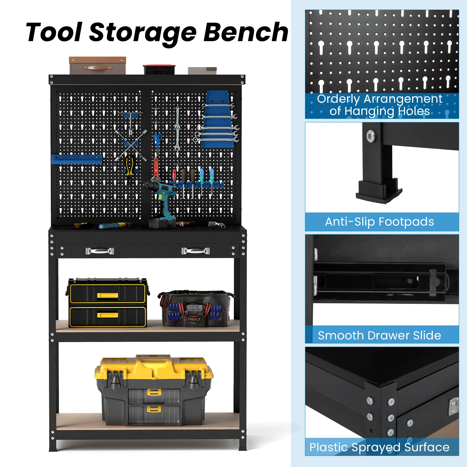 Goplus Workbench with Pegboard, 32" x 16" Multi-use Workbench with 2 Tires of Shelves, Topping Space - Image 8