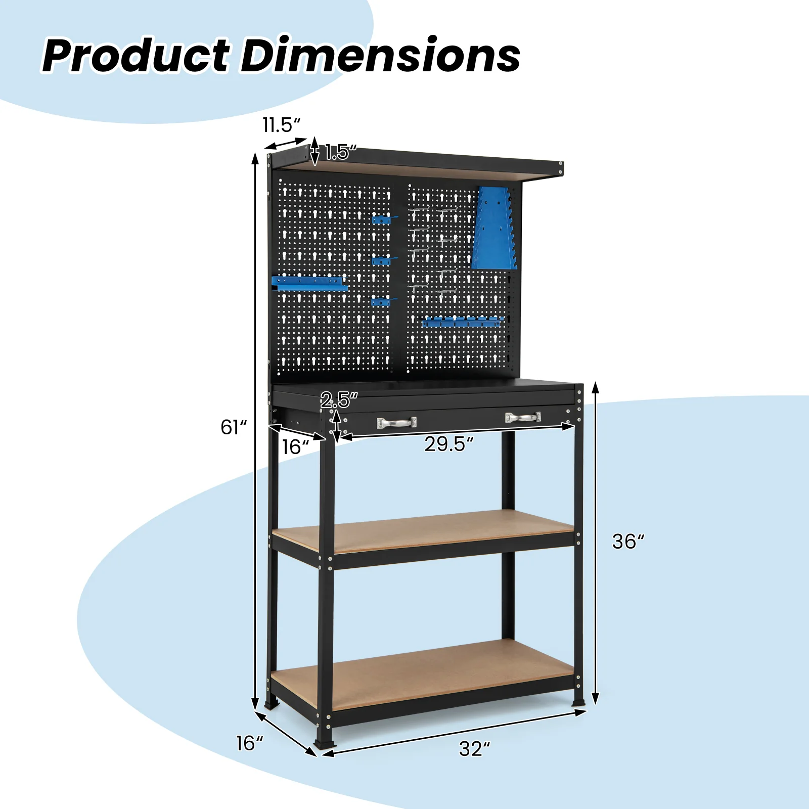 Goplus Workbench with Pegboard, 32" x 16" Multi-use Workbench with 2 Tires of Shelves, Topping Space - Image 9