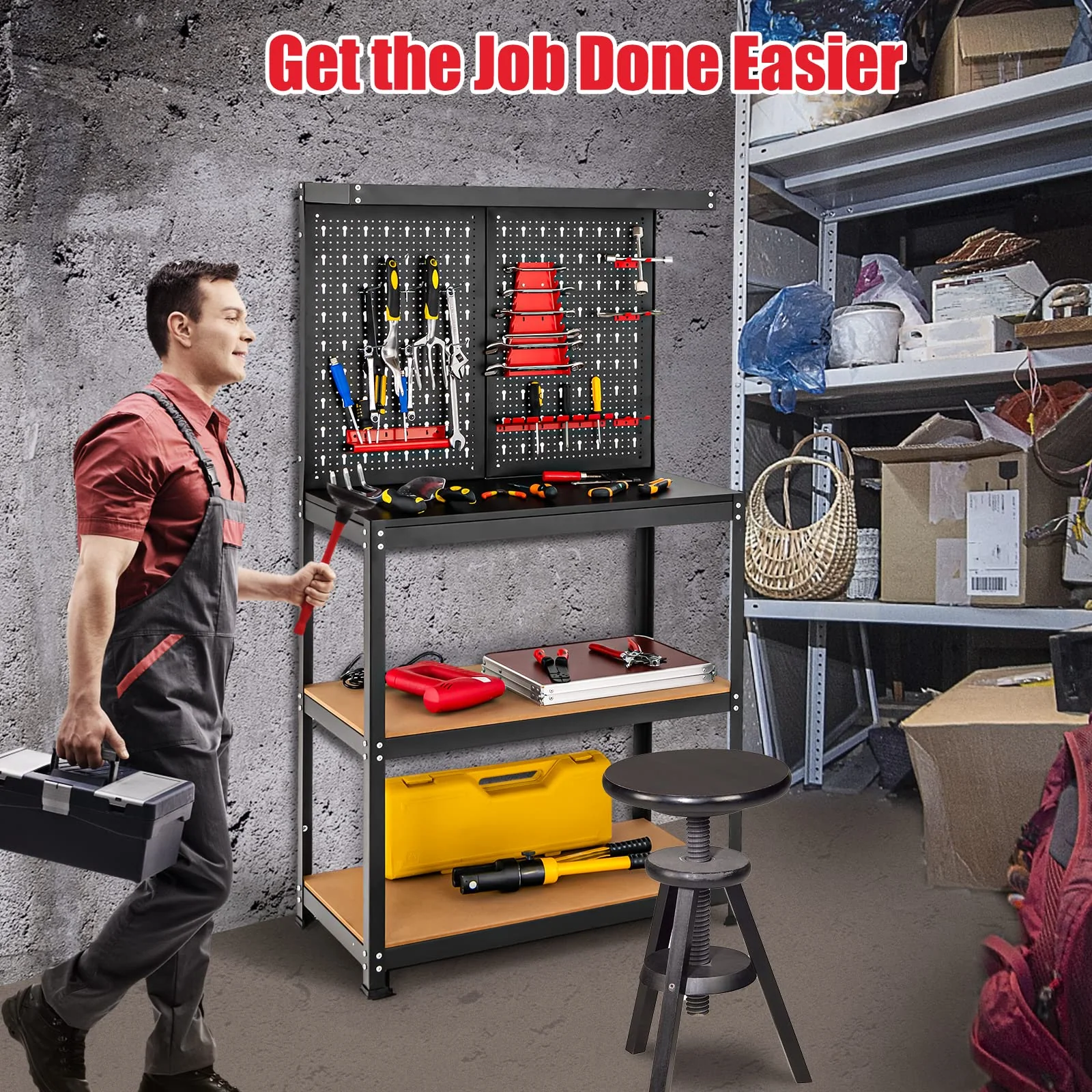 Goplus Workbench with Pegboard, Heavy-Duty Steel Tool Table with 2 Open Shelves, 13 Hanging Accessories Included - Image 2
