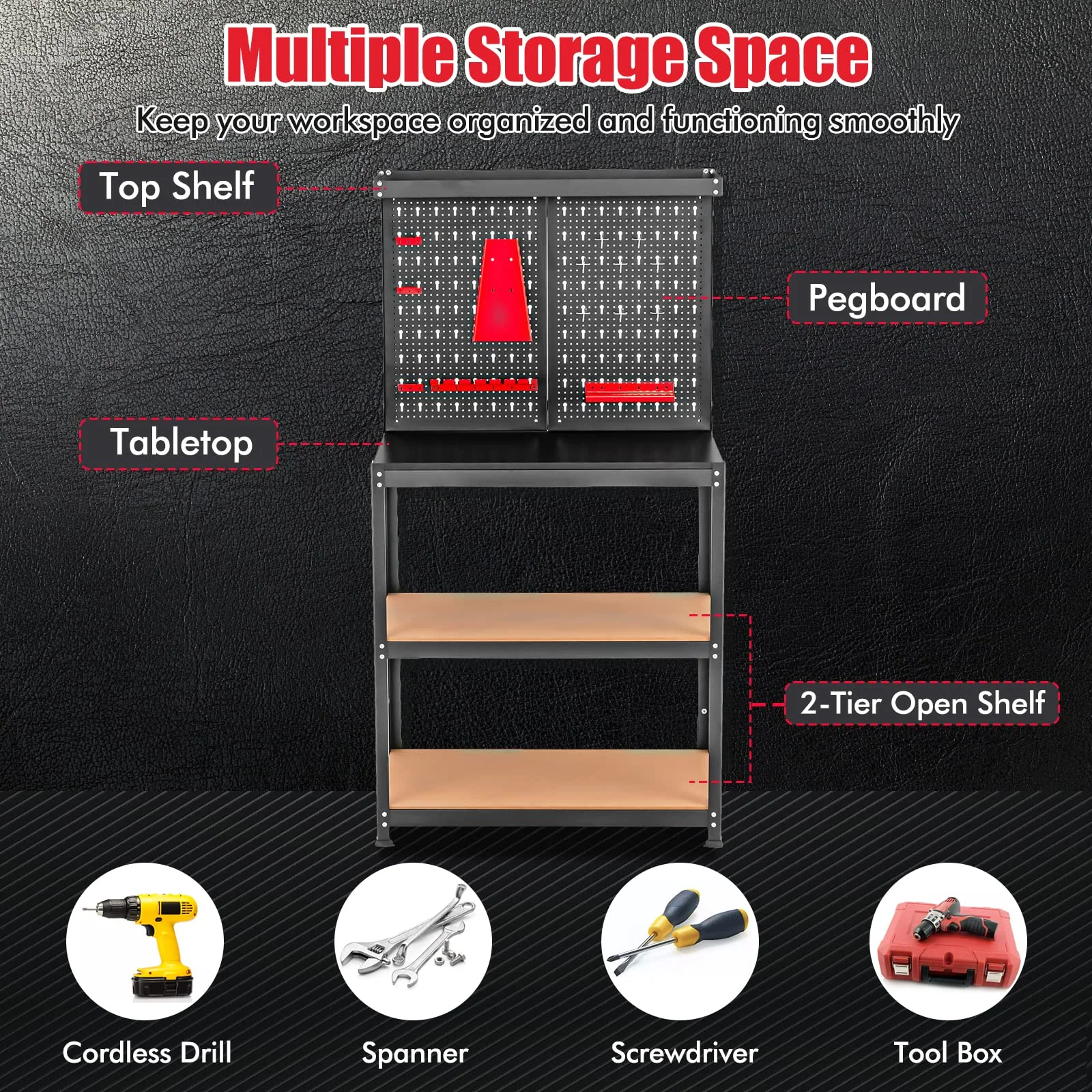 Goplus Workbench with Pegboard, Heavy-Duty Steel Tool Table with 2 Open Shelves, 13 Hanging Accessories Included - Image 3