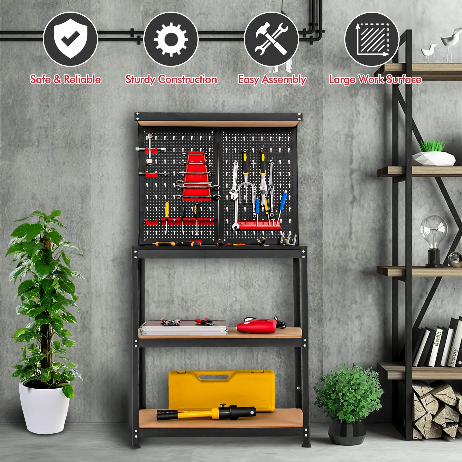 Goplus Workbench with Pegboard, Heavy-Duty Steel Tool Table with 2 Open Shelves, 13 Hanging Accessories Included - Image 9