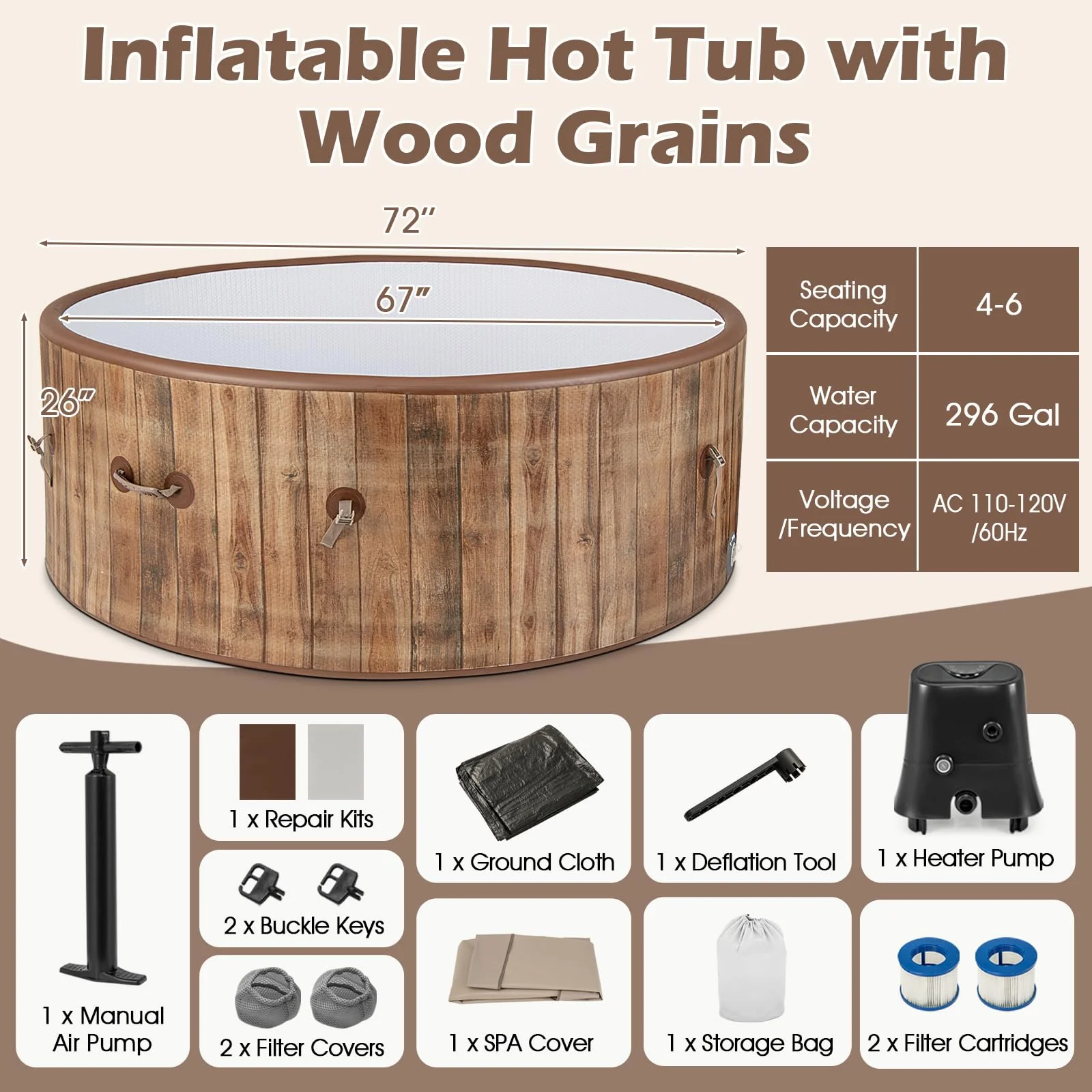 Goplus Inflatable Hot Tub SPA 4-6 Person 72" Round Pool Hottub W/ 120 Air Jets - Image 7