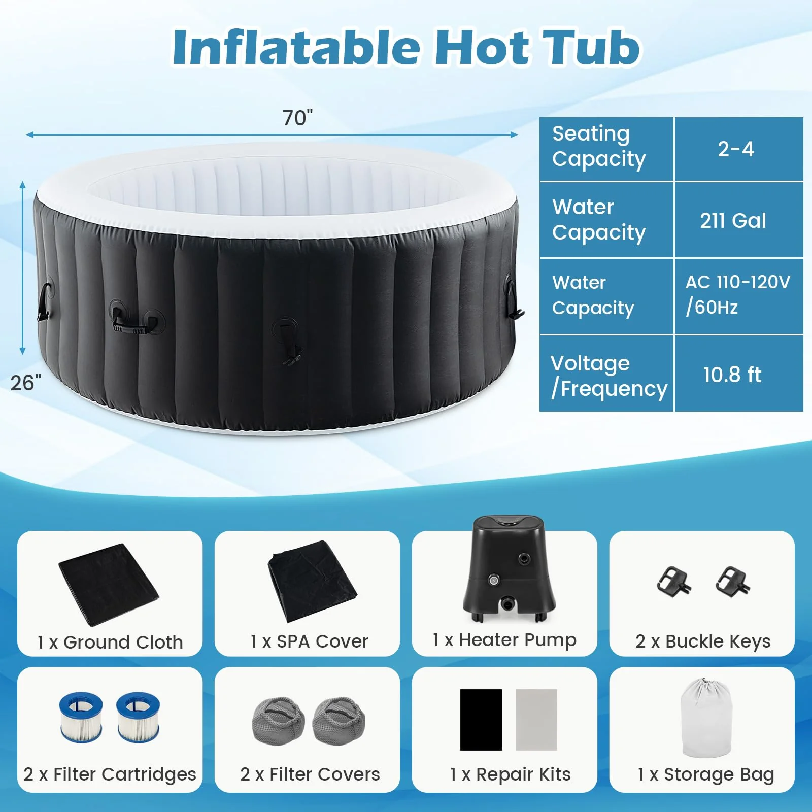 Goplus Inflatable Hot Tub SPA Person Portable Pool Hottub with 130 Air Jets - Image 8