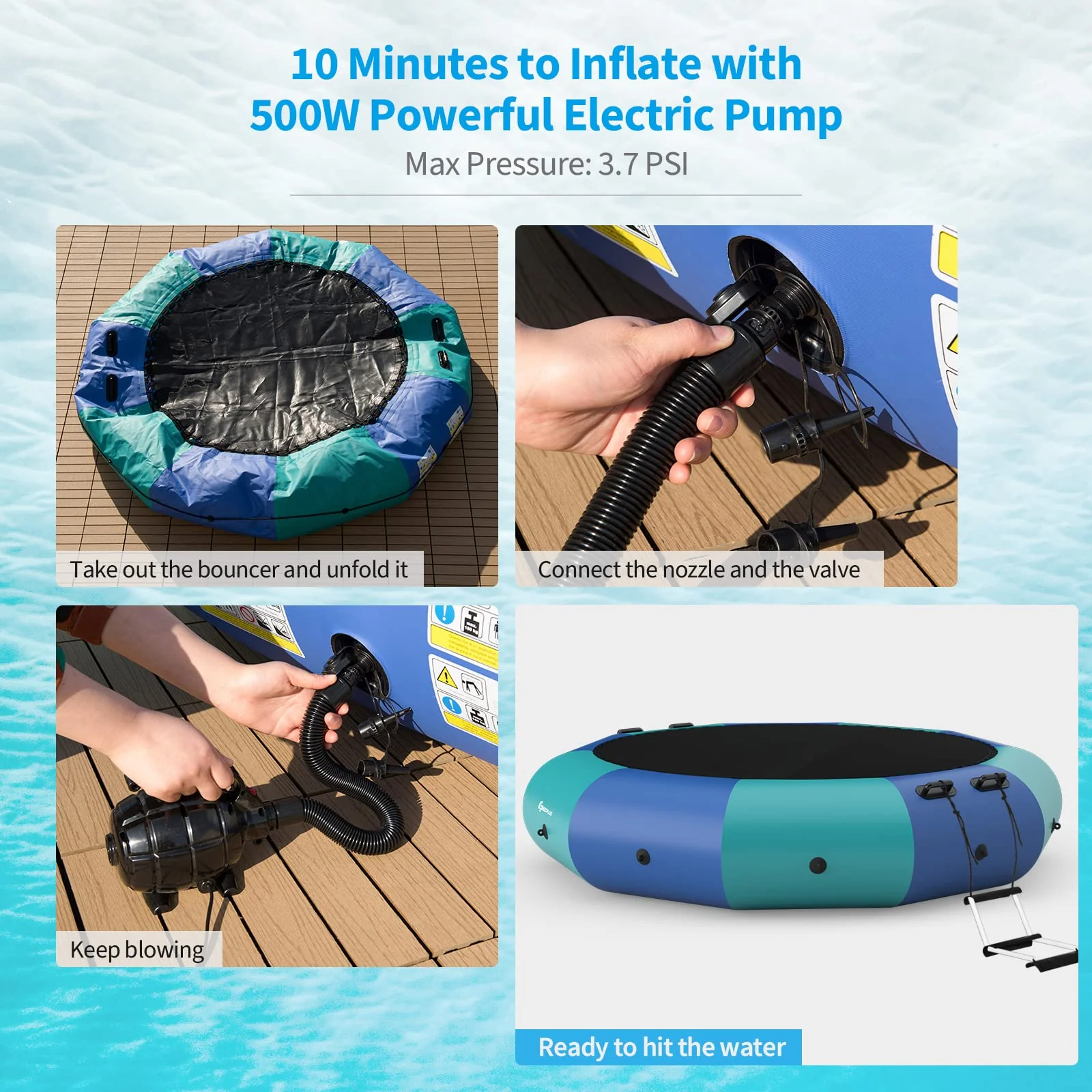 Inflatable Water Trampoline, 10FT/12FT/15FT Recreational Water Bouncer w/ Electric Inflator, Rope Ladder - Image 4