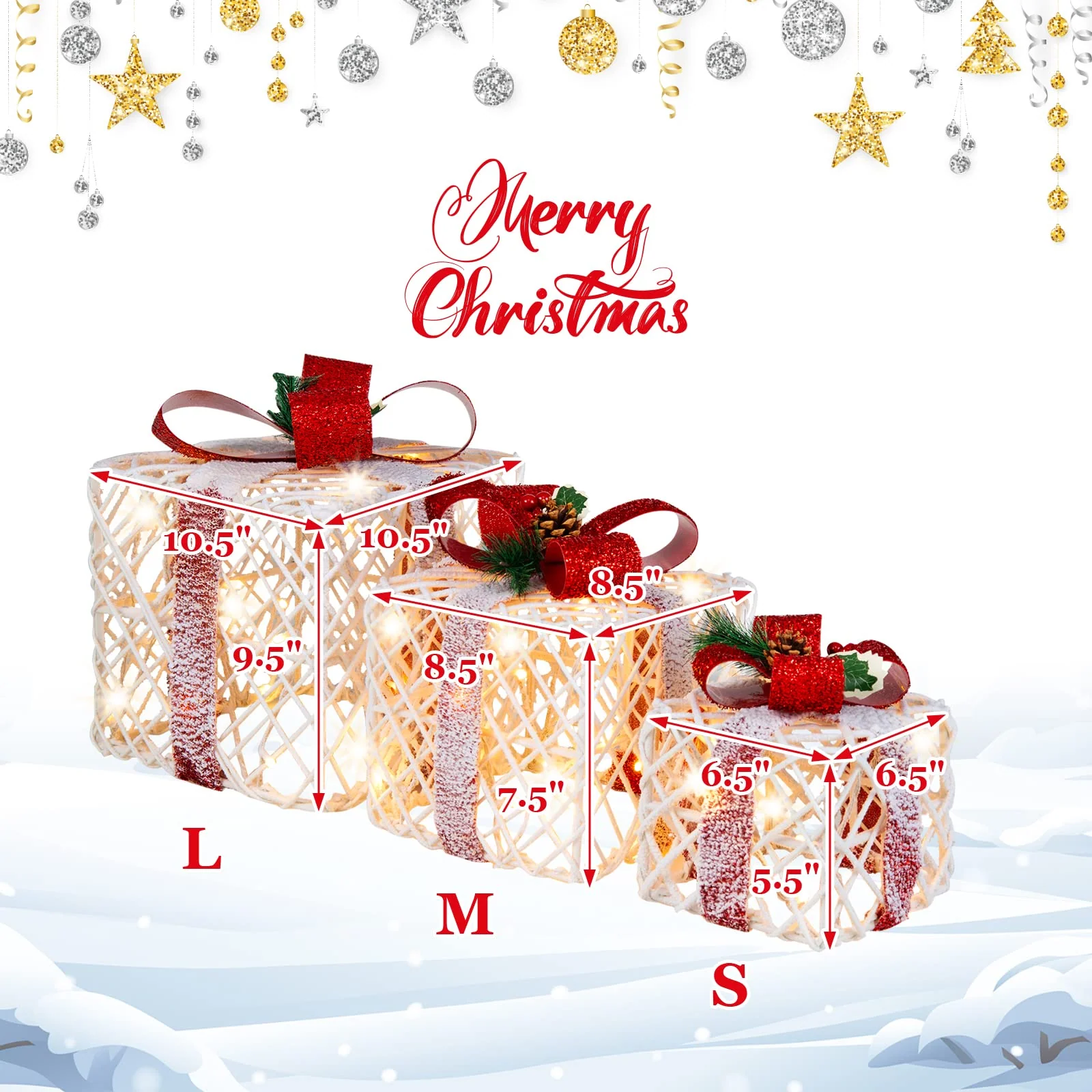 Lighted Gift Boxes Christmas Decoration, Set of 3 White Present Ornament Boxes with 60 LED Lights - Image 16