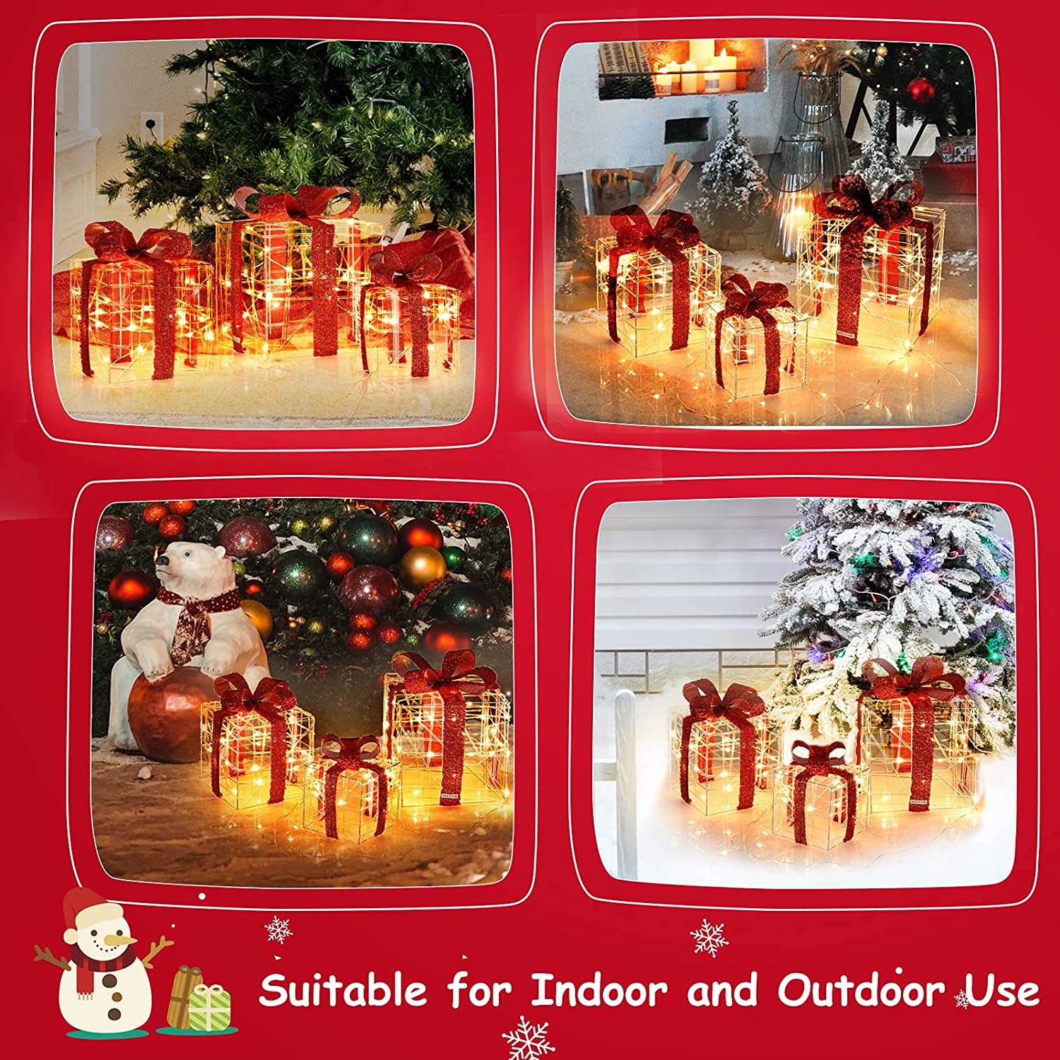 Lighted Gift Boxes Christmas Decoration, Set of 3 White Present Ornament Boxes with 60 LED Lights - Image 4