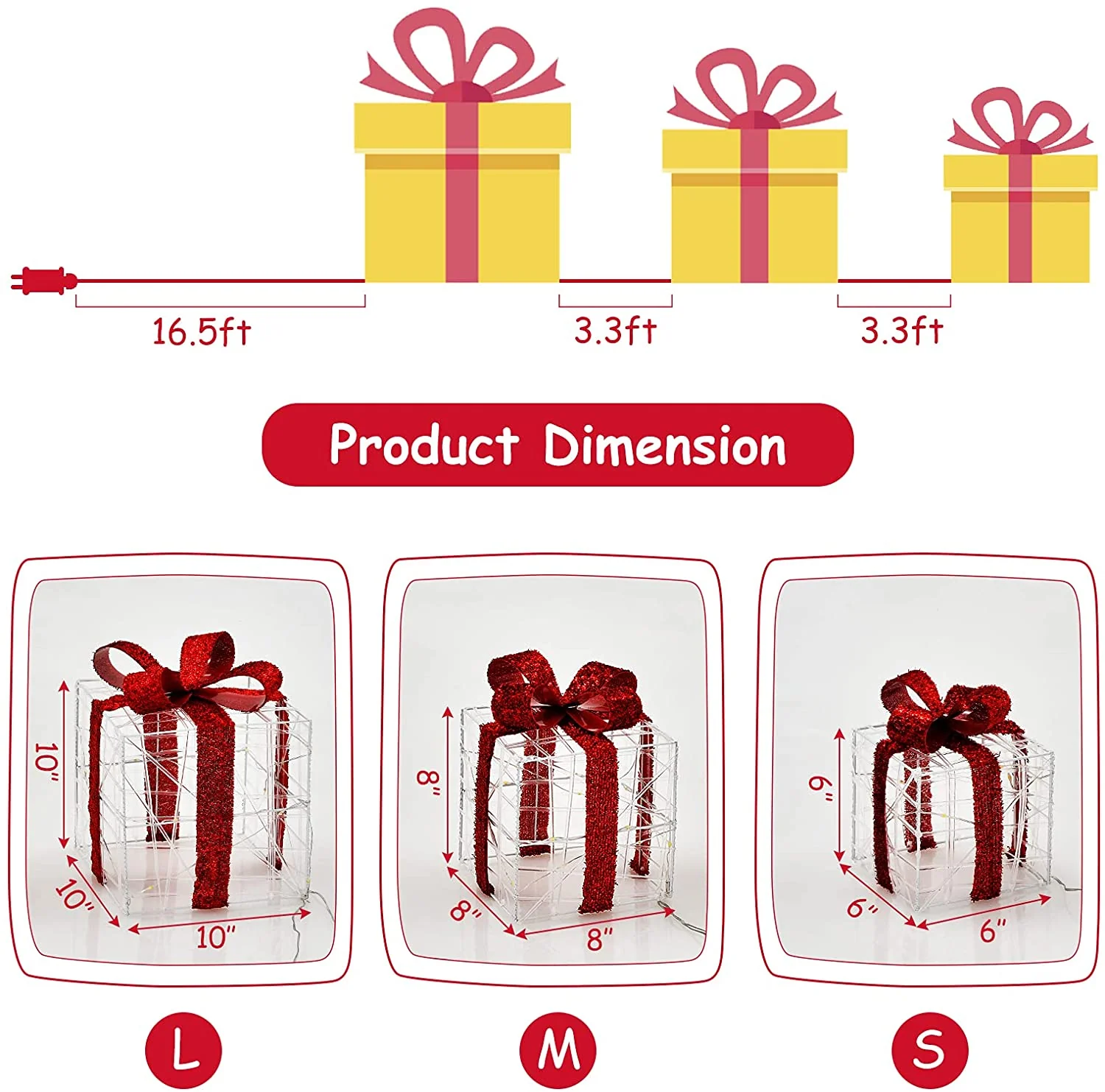 Lighted Gift Boxes Christmas Decoration, Set of 3 White Present Ornament Boxes with 60 LED Lights - Image 9