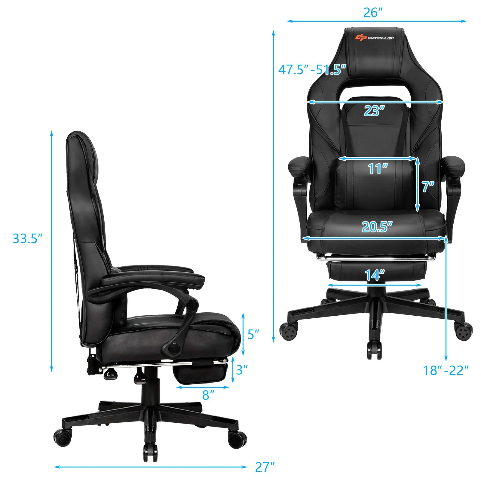 Massage Gaming Chair, Seat Height Adjustment Racing Computer Office Chair - Image 9