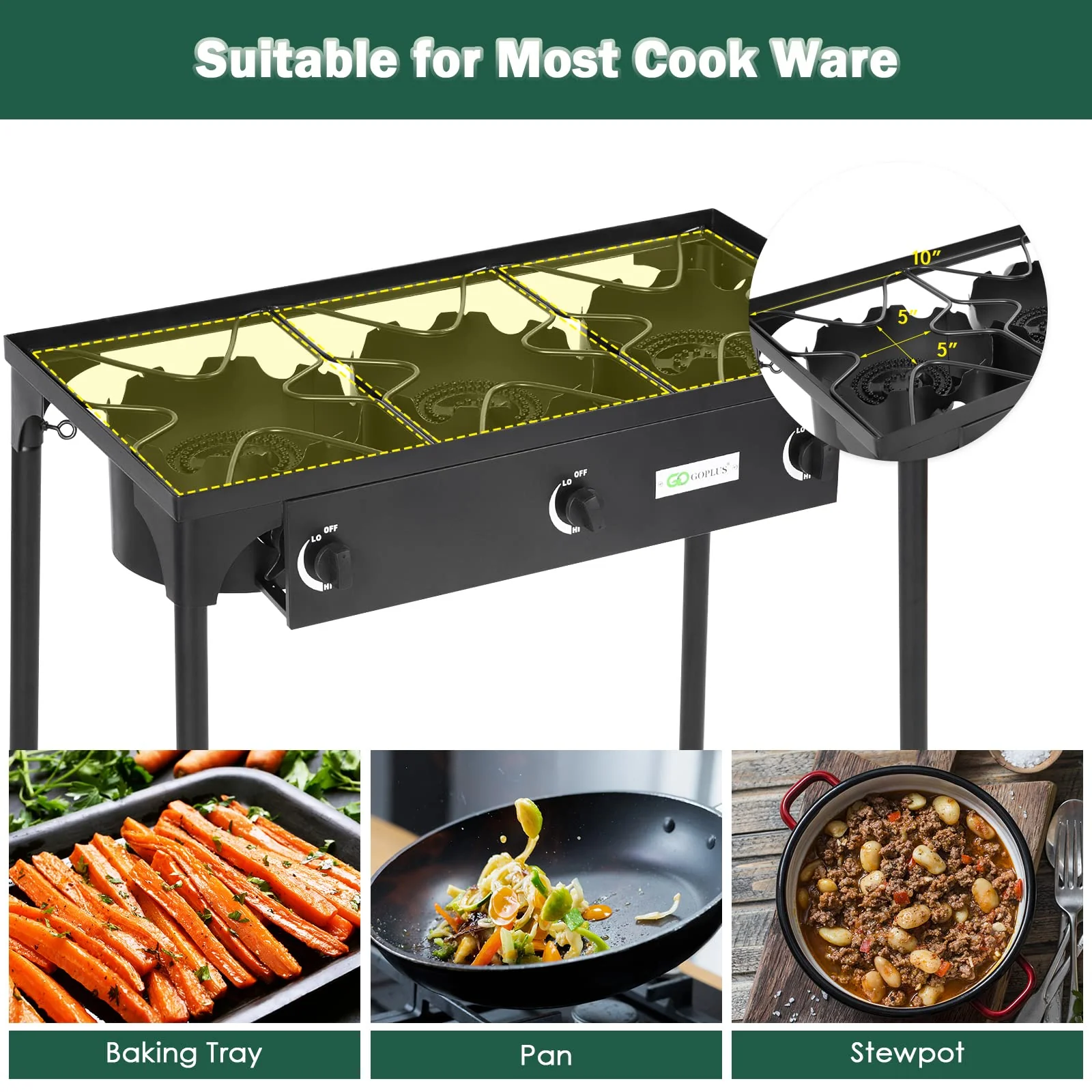 Outdoor Stove Portable Propane Gas Cooker Iron Cast Patio 3 Burner - Image 7