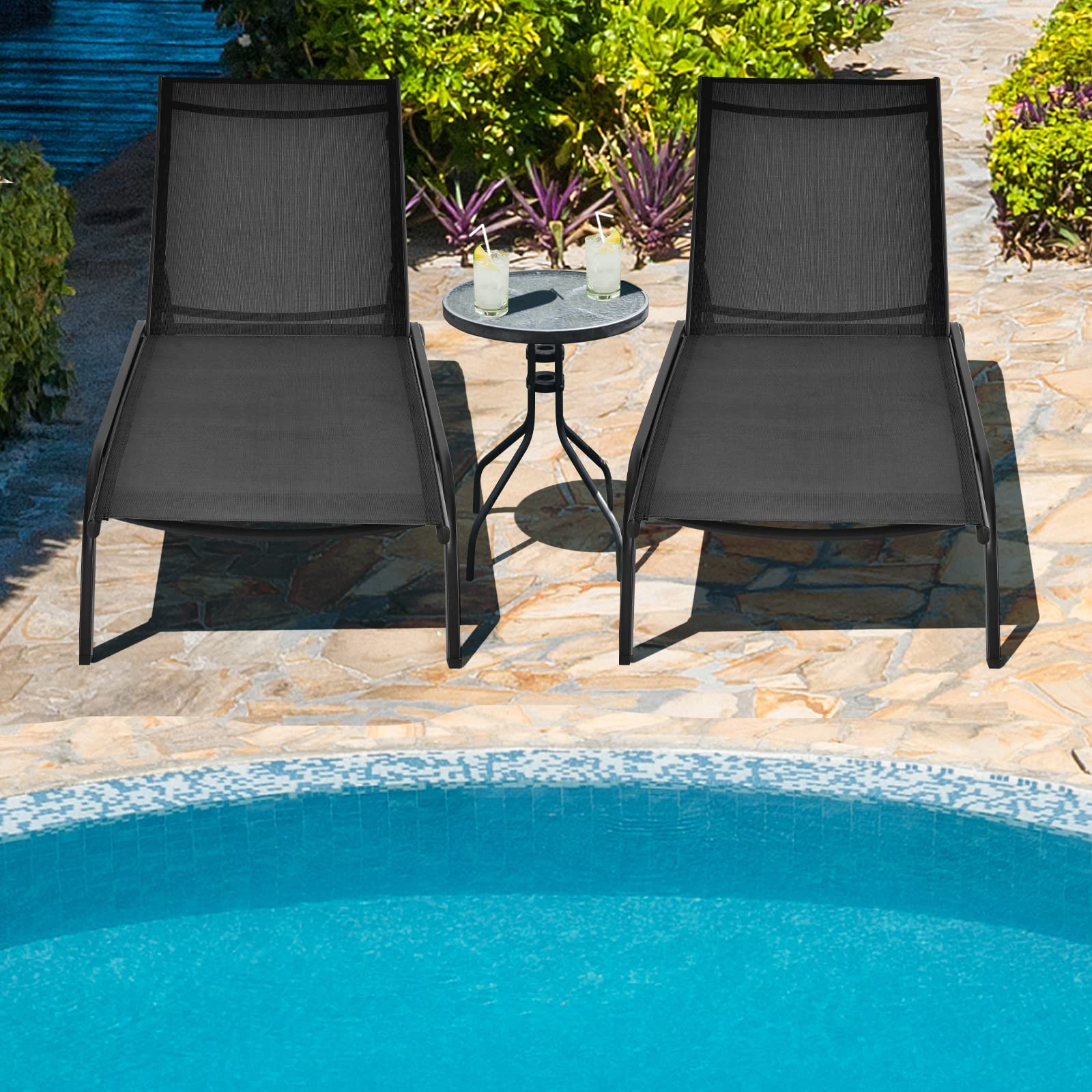 Patio Lounge Chairs for Pool Area, Outdoor Chaise Lounger with 6 Adjustable Position Smooth Wheels and Quick-Drying Fabric - Image 2