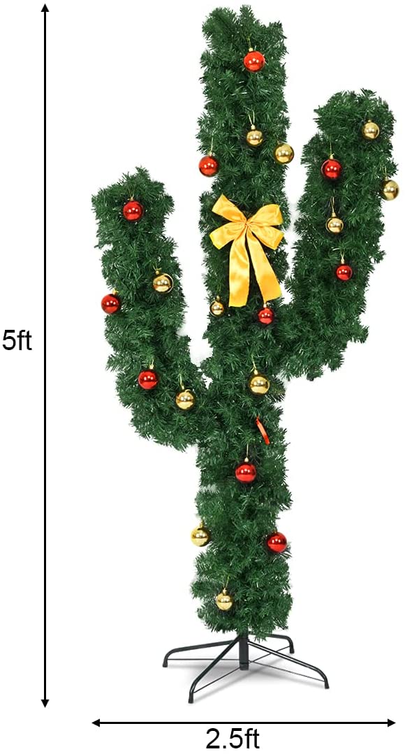 Pre-Lit Artificial Cactus Christmas Tree with LED Lights and Ball Ornaments - Image 10