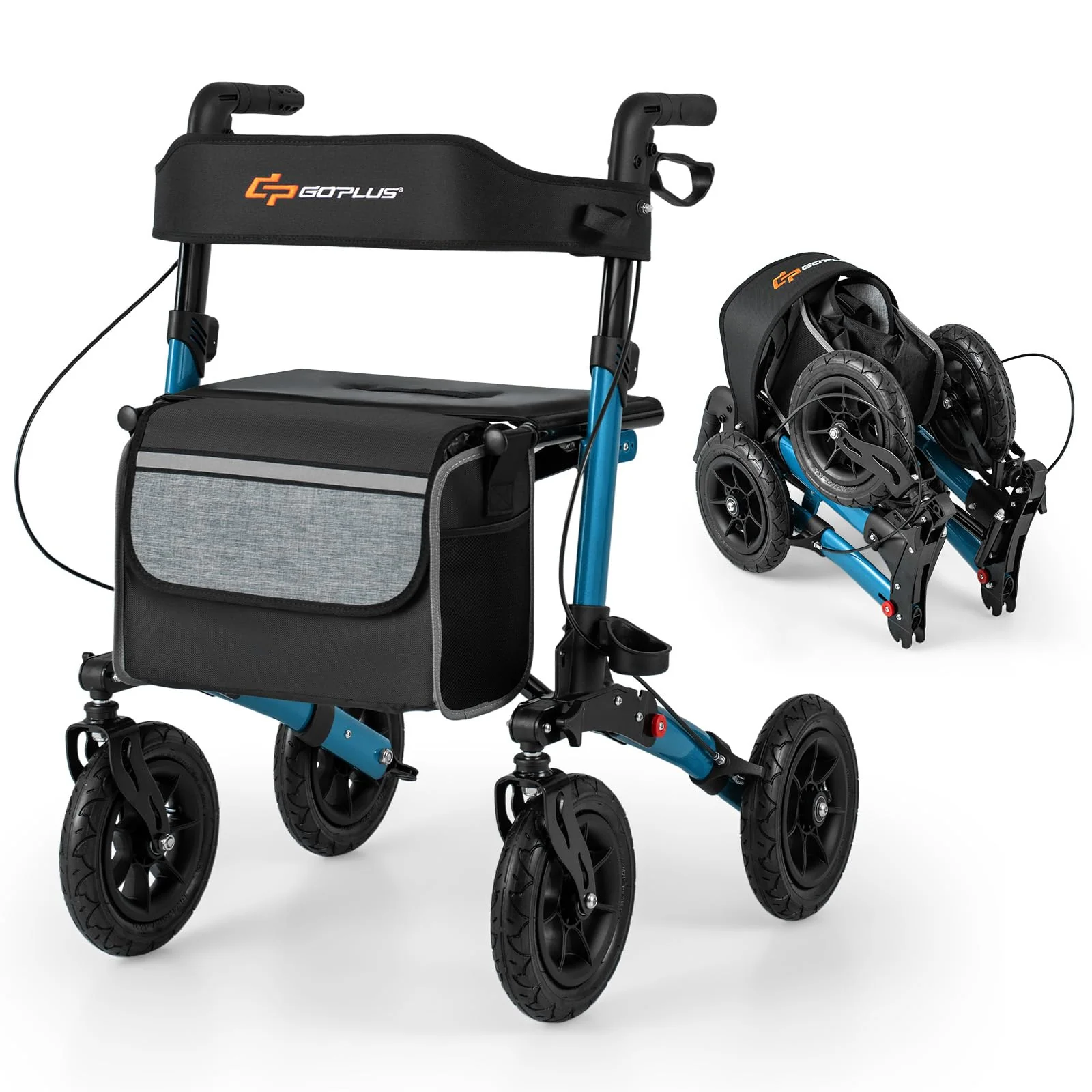 Goplus Walkers for Seniors with Seat 2 in 1 Folding Rolling Rollator Walker with 9" Pneumatic Tires for All Terrain