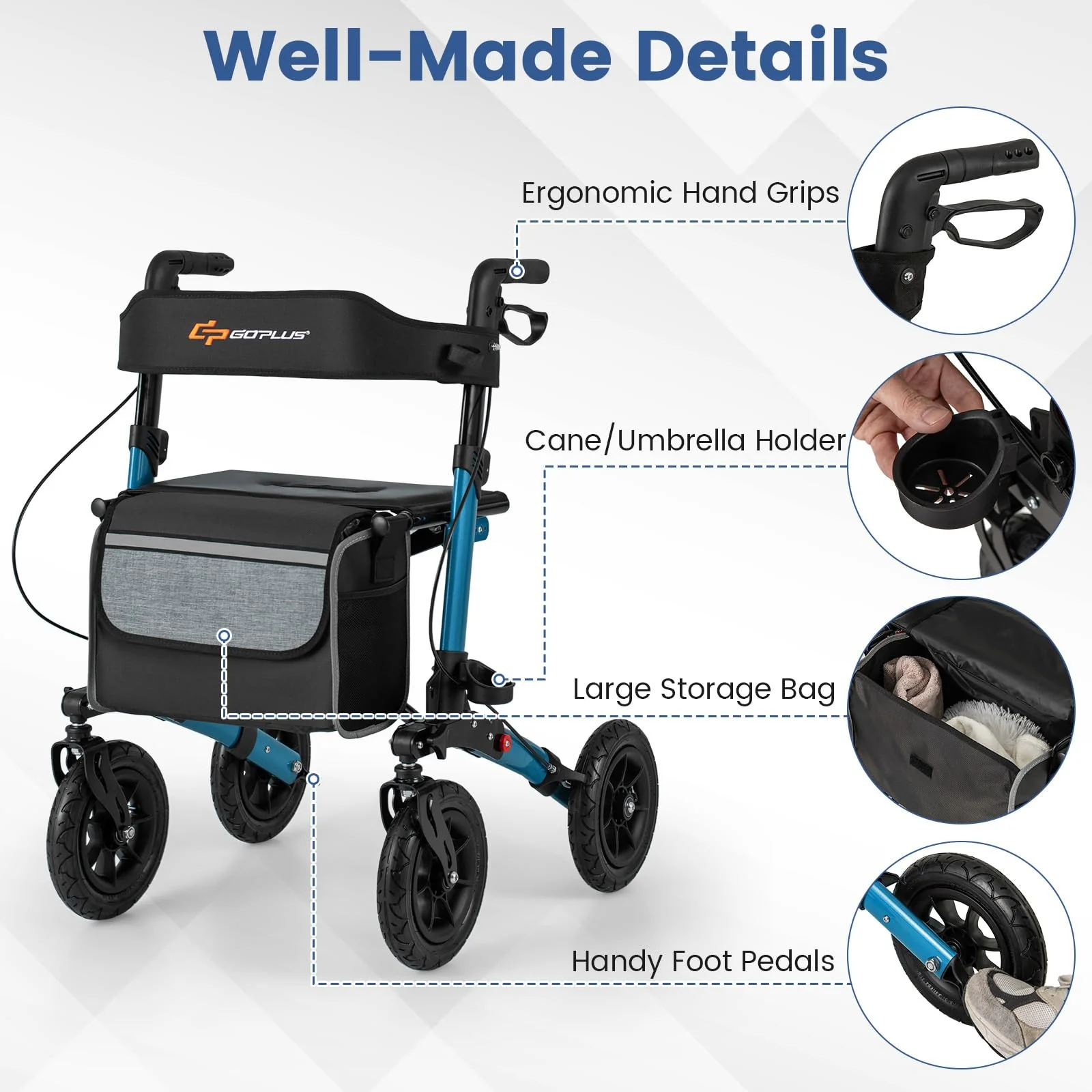 Goplus Walkers for Seniors with Seat 2 in 1 Folding Rolling Rollator Walker with 9" Pneumatic Tires for All Terrain - Image 3