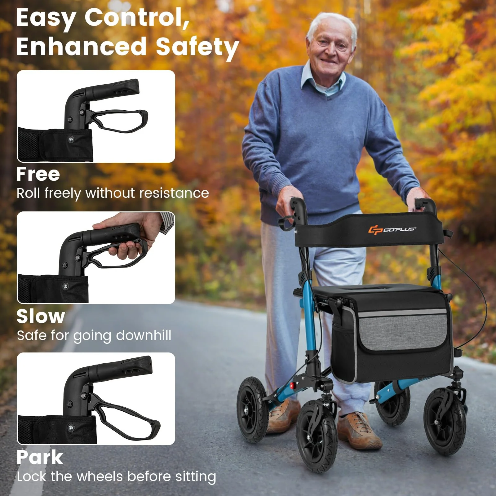 Goplus Walkers for Seniors with Seat 2 in 1 Folding Rolling Rollator Walker with 9" Pneumatic Tires for All Terrain - Image 5
