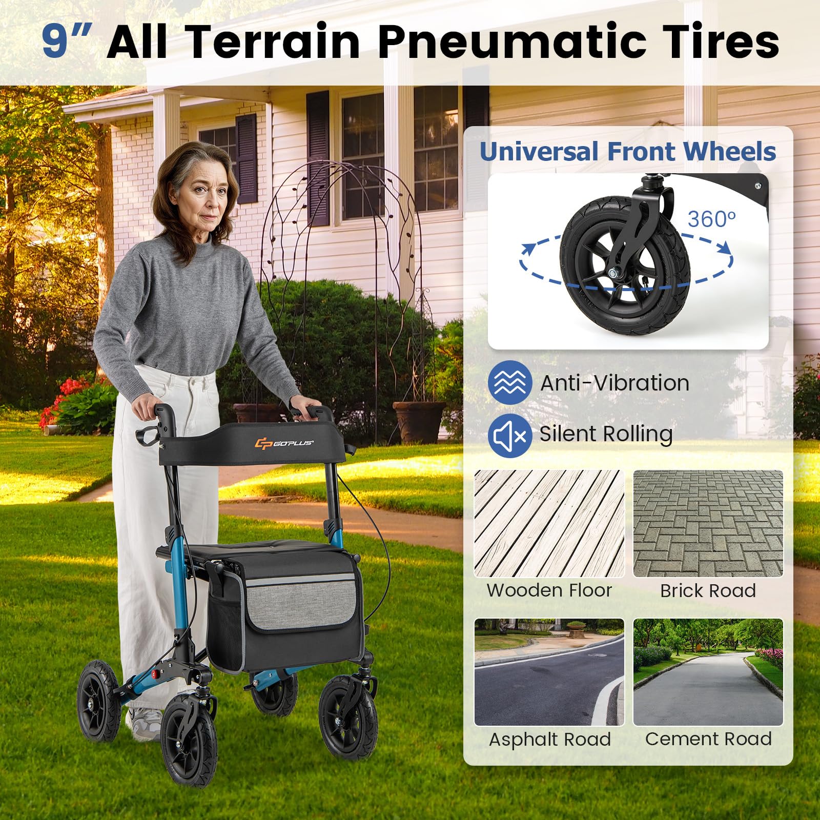 Goplus Walkers for Seniors with Seat 2 in 1 Folding Rolling Rollator Walker with 9" Pneumatic Tires for All Terrain - Image 7
