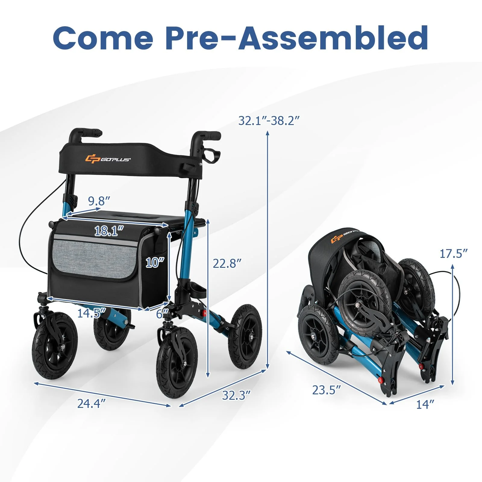 Goplus Walkers for Seniors with Seat 2 in 1 Folding Rolling Rollator Walker with 9" Pneumatic Tires for All Terrain - Image 9